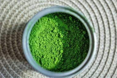 Kaptaki parlak yeşil kibrit tozunun yakın plan çekimi, ince dokusunu ve canlı rengini vurguluyor, sağlık meraklıları ve çay severler için mükemmel..