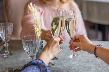 Üç arkadaş, zarif cam süslemeler ve dekoratif unsurlarla çevrili neşeli bir kutlamada şampanya kadehleri kaldırarak samimi ve şenlikli bir atmosfer yaratıyorlar..