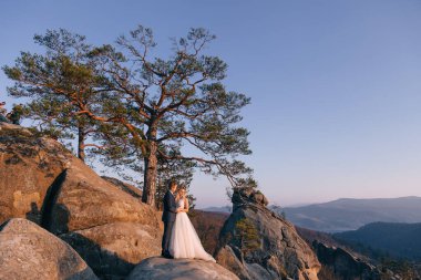 Dağlarda güzel bir düğün çifti. Gelin ve damat yan yana durun ve sarılın.