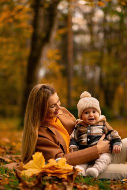 Bir anne, gülen bebeğini canlı sonbahar yapraklarının arasında mutlu bir anın tadını çıkararak tutar. Sıcak renklerle çevrili ve sakin doğal bir zemin ile çevrili sahne, sevgi ve mevsimsel cazibe yayıyor..