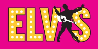 Elvis rock 'n roll şarkıcısı vektör illüstrasyon logosu veya rozeti. Gitar ve metin ile retro rockabilly şarkıcısının çizimi.