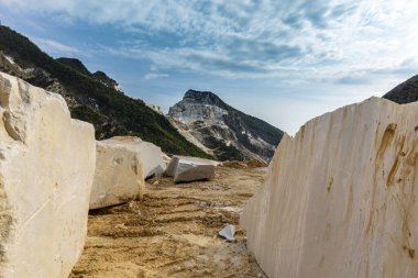 Beautiful scenery with marble quarry in Carrara region, Italy, with white marble blocks