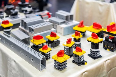 various type of selector switch or rotary cam selector switch for electric power industrial and wire way slot trunking on table clipart