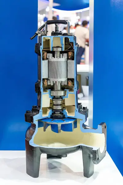 Cut away cross section detail component inside submersible automatic pump for conveying water or liquid sludge waste water etc. in industrial