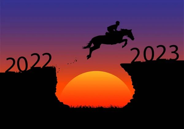 Графический Дизайн Силуэт Лошади Прыжки 2022 2023 Новый Год Восходом — стоковый вектор