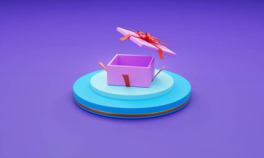 Mor arkaplan için mavi daire kürsüsü olan 3D rendeleme hediye kutusu