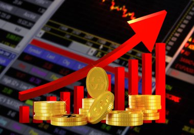 3d rending red graph ok up ve istifleme altın sikkeler illüstrasyon kavramı borsa finans yatırım