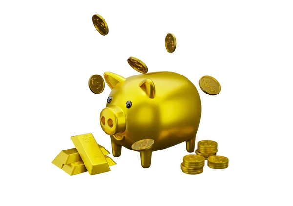 3Dレンダリングお金瓶豚金とお金金ゴールドドルコインスタック 白の背景概念保存と金融ビジネス — ストック写真