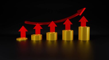 3d render money dollar coin stack with red arrow up with black background concept saving, and financial business illustrate