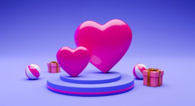 3d rendering pink hearts on the podium with gift boxes and ball concept holiday valentine's day 