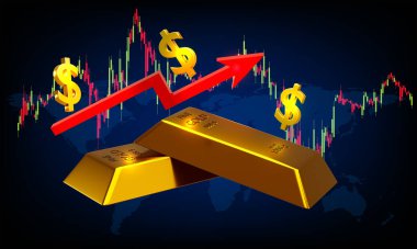 3d rendering Gold bars and dollar signs with red arrow up on world map background illustration concept forex trading in the investment of investors 