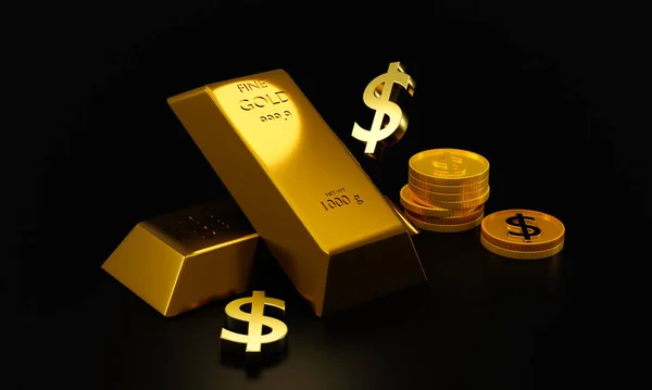 3d rendering Gold bars and dollar signs on black background concept forex trading in the investment of investors