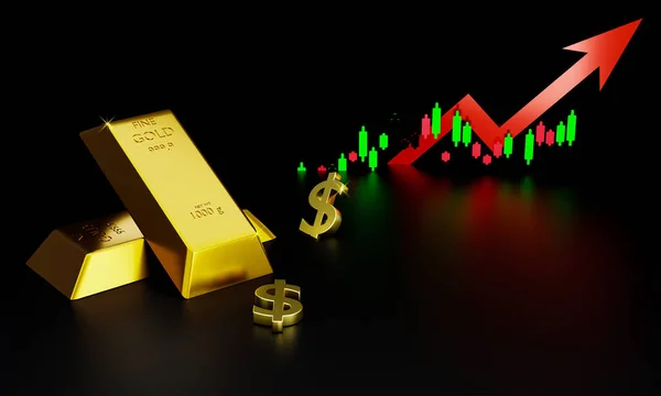 3d rendering Gold bars and dollar signs on black background concept forex trading in the investment of investors with copy space