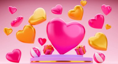 3d rendering hearts and gift boxes on the podium with pink color tone background concept Valentine's Day