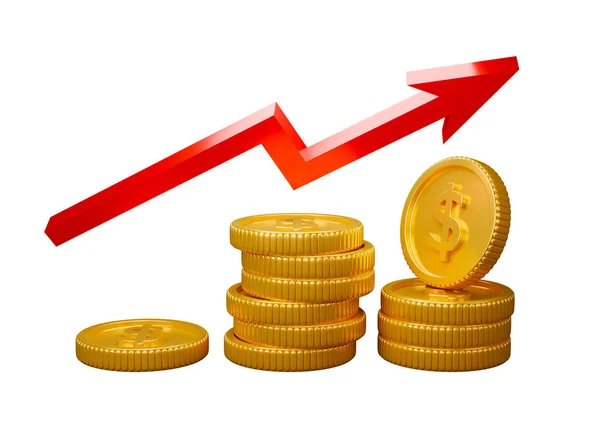 Monedas Oro Con Flecha Roja Sobre Fondo Blanco Ilustración Representación — Foto de Stock
