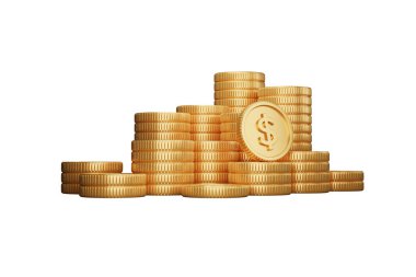 Beyaz arkaplan illüstrasyonlu 3B altın sikkeleri yığın  