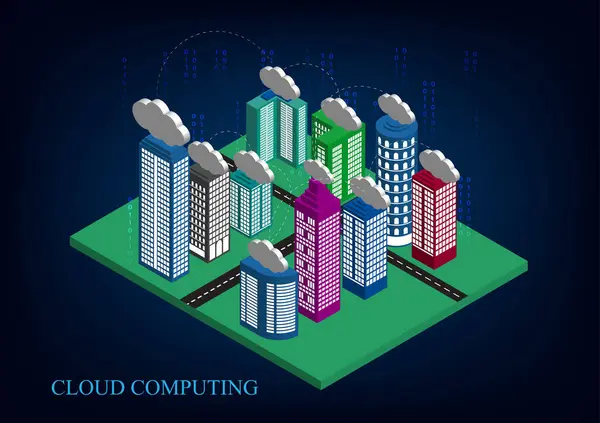 Cidade Plana Isométrica Com Arranha Céus Nuvens Conceito Tecnologia Rede — Vetor de Stock