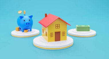 Bozuk para, para ve mavi arka plandaki ev ile domuz kumbarası, 3 boyutlu resimleme kavramı ev satın almak için tasarruf