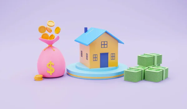 Casa Con Bolsa Dinero Una Pila Monedas Fondo Púrpura Representación — Foto de Stock
