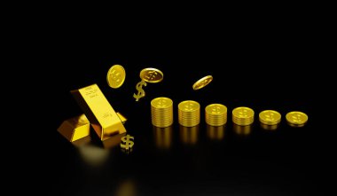 3d rendering Gold bars and dollar signs on black background concept forex trading in the investment of investors 