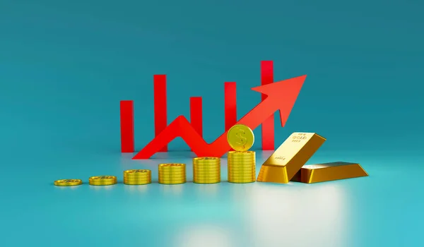 Rendering Gouden Staven Dollar Munten Met Rode Pijl Blauwe Kaart — Stockfoto