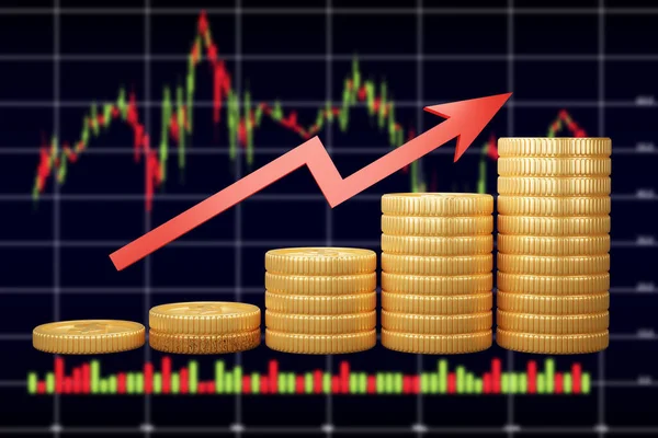 3D渲染硬币堆栈和红色箭头与模糊的财务图表背景概念股票市场金融投资 — 图库照片
