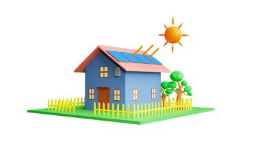 Çatısı güneş paneli olan 3d Rending House ve beyaz arka plan kavramına izole edilmiş güneş panelleri küresel ısınmayı ve tasarruf maliyetlerini azaltmaya yardımcı oluyor.