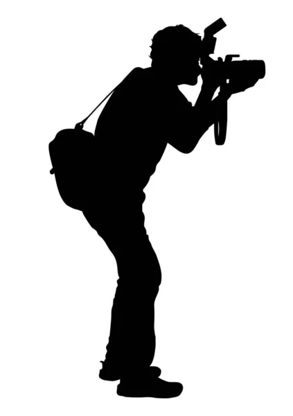 一个男性摄影师用相机在白色背景矢量图上拍照的图形轮廓 — 图库矢量图片