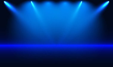 Karanlık bir arka planda mavi sahne ışıkları. Vektör illüstrasyonu