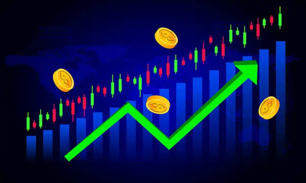 Green Arrow Coins Candlestick Chart Stock Market Finance Technology Vector — Stock Vector