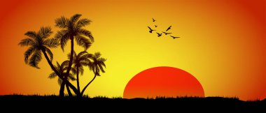 Gün batımı arkaplanlı bir grup palmiye ağacı silueti, vektör illüstrasyonu