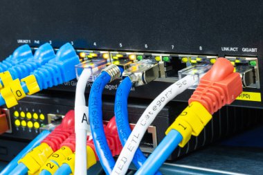 İnternet veri merkezine bağlı yama kablolarına bağlı LAN kablosu olan ağ merkezi 