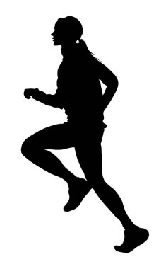 Bir bayan koşucunun silüeti orta basamaklı, atletik giysiler ve spor ayakkabılar giymiş, düz beyaz bir arka plana karşı