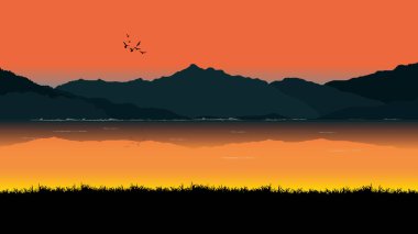 Gün batımından sonra duvar kâğıdı arkaplan çizimi için zeminde çimenler olan sakin bir manzaranın grafikleri