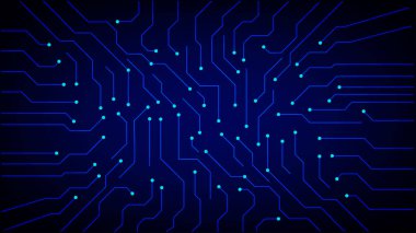 Parlak mavi çizgiler ve teknolojiyi, veri bağlantılarını ve elektronik sistemleri temsil eden düğümlerle soyut dijital devre kartı arka planı