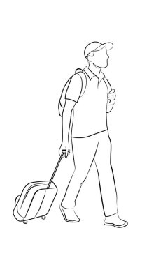 Bir gezginin çizgili sanatı bavulla yürümesi, kep ve sırt çantası takması, seyahat kavramları ve editoryal ya da eğitimsel kullanım için ideal..