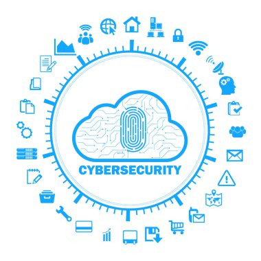 Parmak izi ve siber güvenlik simgelerine sahip bulut hesaplama kavramı, veri koruması, mahremiyet ve dijital ağ güvenliğini temsil ediyor