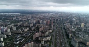 Aerial view overlooking old buildings  in Troieshchyna soviet district. Kiev, Ukraine. Sleeping quarters on the left bank of Dnieper.