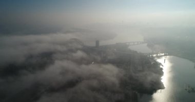 Podolsko-Voskresensky bridge. Bridge construction. Kyiv. Ukraine. Aerial. Fog. 