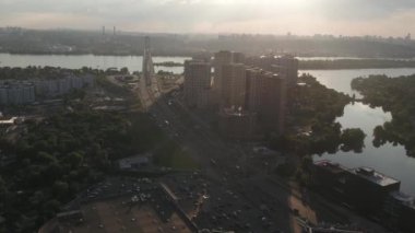 Modern quarter in Kyiv. Ukraine. Aerial photography. Bazhan Avenue. View of the Dnieper river.