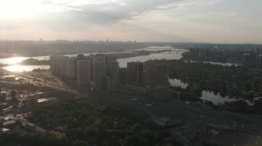 Modern quarter in Kyiv. Ukraine. Aerial photography. Bazhan Avenue. View of the Dnieper river.