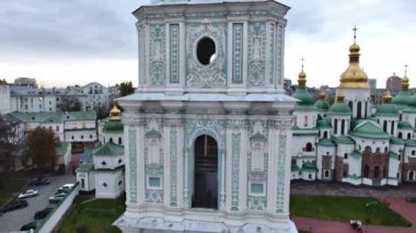 Saint Sophia Cathedral. Architectural monument of Kyivan Rus. Gold domed bell tower in downtown central Kyiv Ukraine. Aerial view