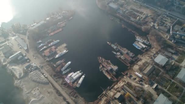 Ships Moored Dock Dry Dock Aerial Kyiv Ukraine Autumn Fog — Wideo stockowe