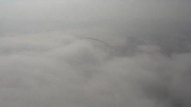 Podolsko-Voskresensky bridge. Bridge construction. Kyiv. Ukraine. Aerial. Fog. 