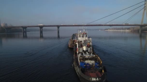 Cargo Barge Floats River Morning Haze Fog Water Cinematic Drone — Stockvideo
