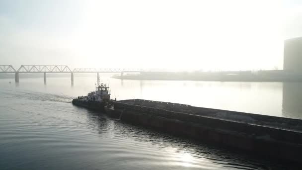 Cargo Barge Floats River Morning Haze Fog Water Cinematic Drone — стоковое видео