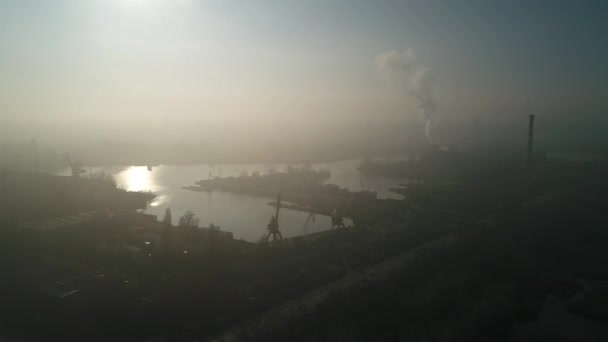 Ships Moored Dock Dry Dock Aerial Kyiv Ukraine Autumn Fog — Stock Video