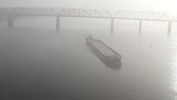 Cargo Barge Floats River Morning Haze Fog Water Cinematic Drone — Wideo stockowe