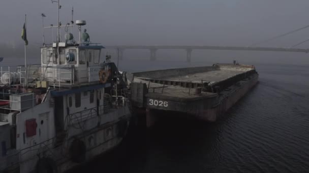 Cargo Barge Floats River Morning Haze Fog Water Cinematic Drone — Stockvideo