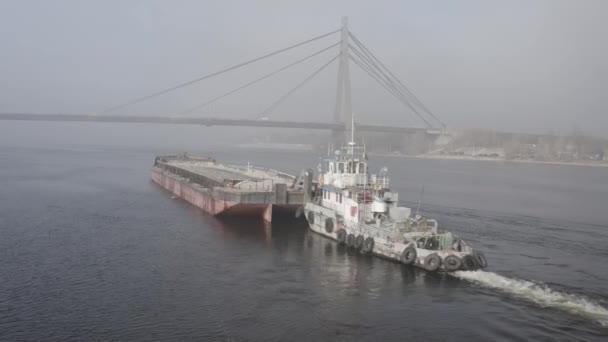 Cargo Barge Floats River Morning Haze Fog Water Cinematic Drone — Stock Video